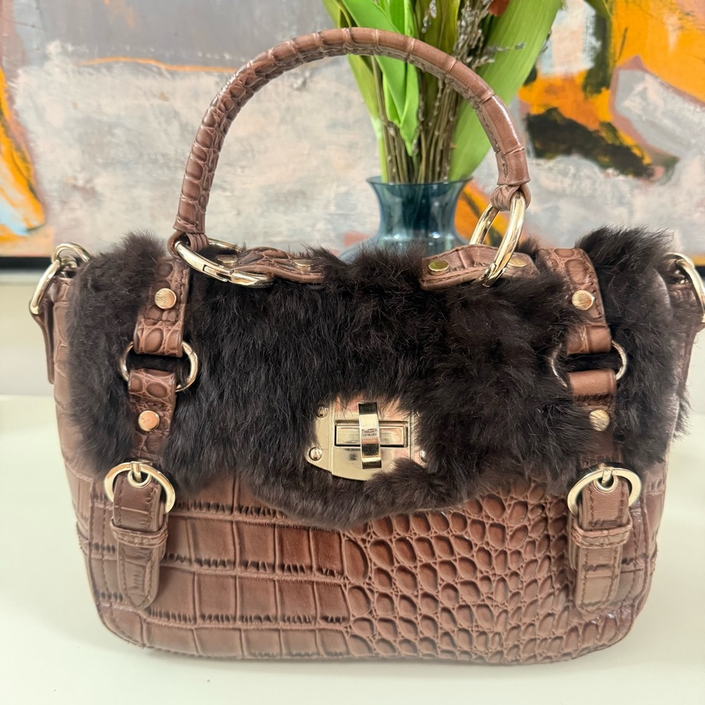 Crocodile Print leather with Rabbit Fur handle bag with adjustable strap